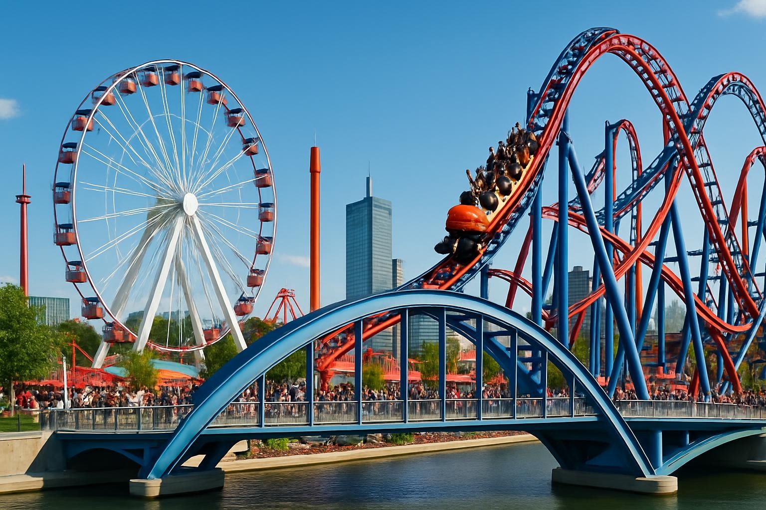 modern theme park scene with a dynamic rollercoaster, no Eiffel Tower, vibrant atmosphere, contemporary urban style